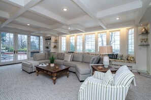 TV, fireplace, books