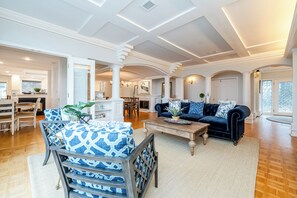 TV, fireplace, books