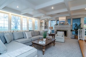 TV, fireplace, books