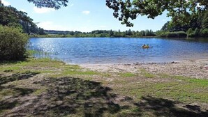 En stilla sjö med en kajak i fjärran, omgiven av träd och en gräsyta.
