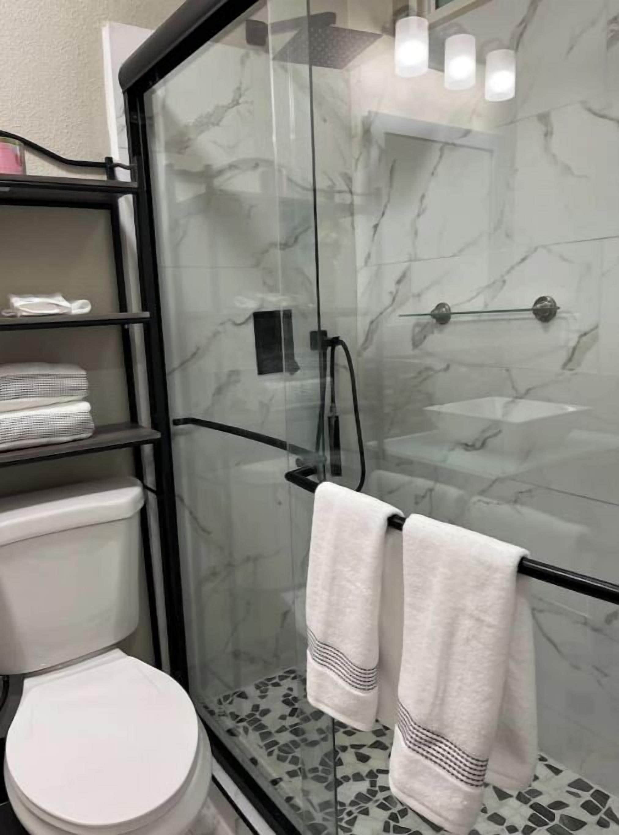 Hair dryer, towels, soap, toilet paper