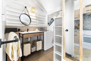 Hair dryer, towels, toilet paper