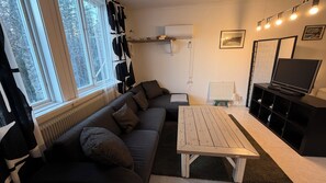 A living room with a sofa, a coffee table, a TV, and a radiator.