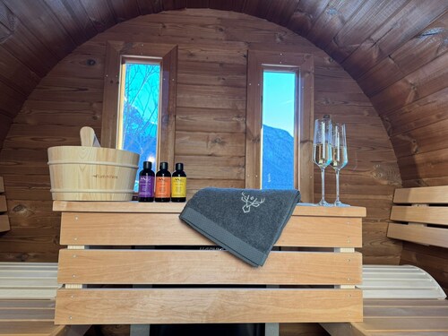 Vacation home with wellness area in alpine chic retro style