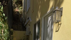 Un étroit couloir extérieur avec un mur jaune, une porte blanche et une plante en pot.