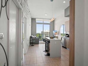 Apartment, City View | Private kitchen | Coffee/tea maker, toaster, blender, cleaning supplies - Modern Condo in Design District (Miami)