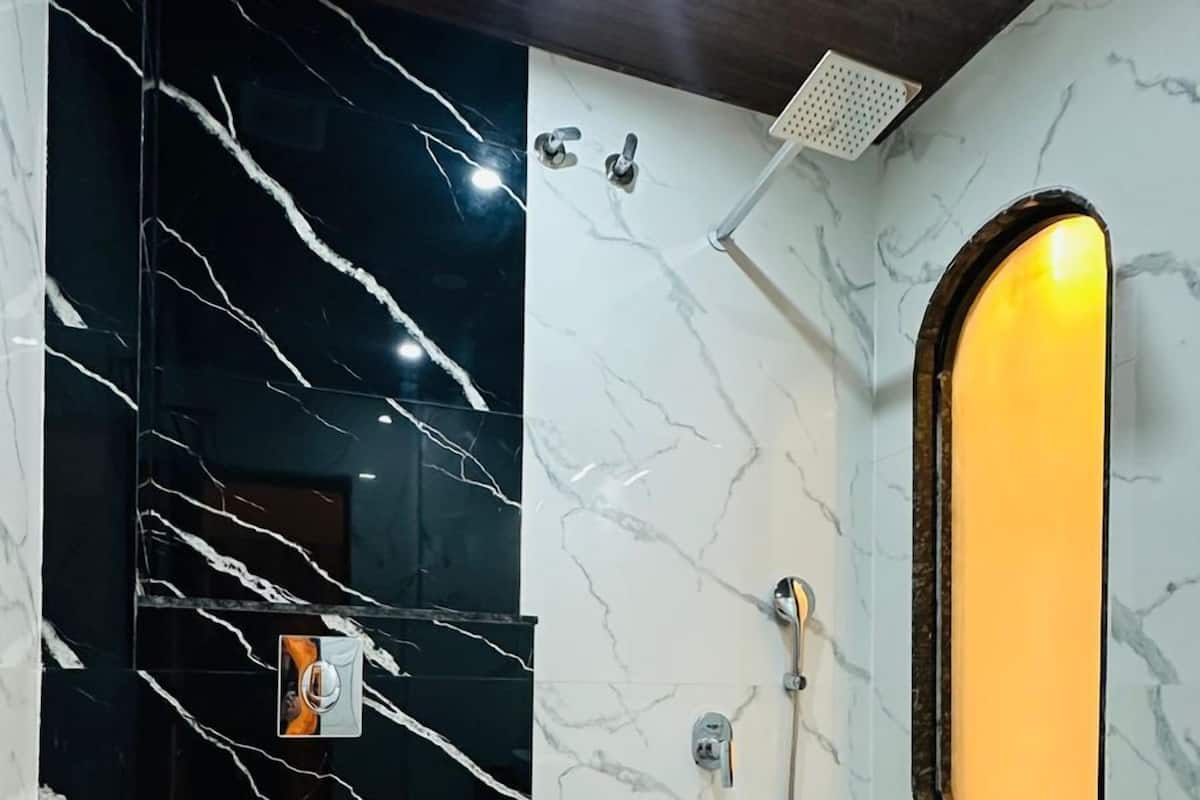 A modern bathroom with a white toilet, a shower with a handheld showerhead, and a marble-patterned wall.