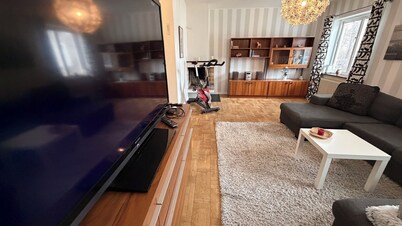 Bostad med eldstad, balkong, BBQ, parkett, högt i tak, smart TV, ljudanläggning