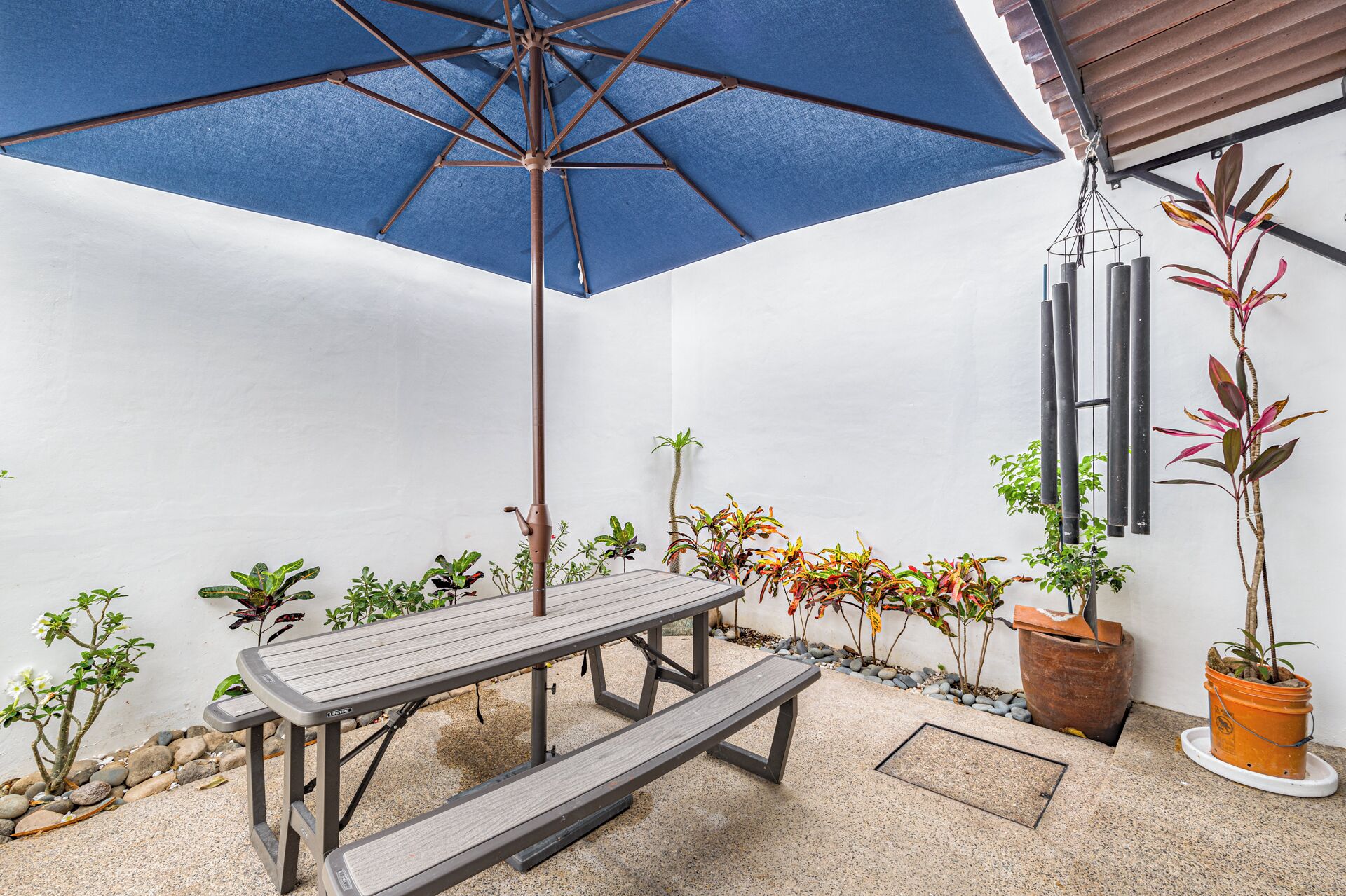 Un patio con mesa y bancos de madera, rodeado de plantas en macetas y un paraguas azul.
