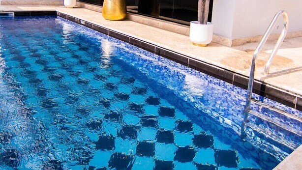An indoor swimming pool with checkered tiles, potted plants, and a metal ladder. - Bon Hotel Boutique Garki 2 (Abuja)