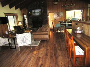 TV connectée, cheminée, lecteur de DVD, livres