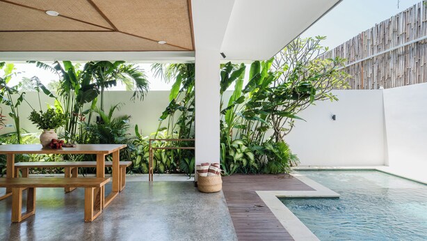 Area piscina esterna con un solarium in legno, pavimento in cemento e rigogliosa vegetazione tropicale.
