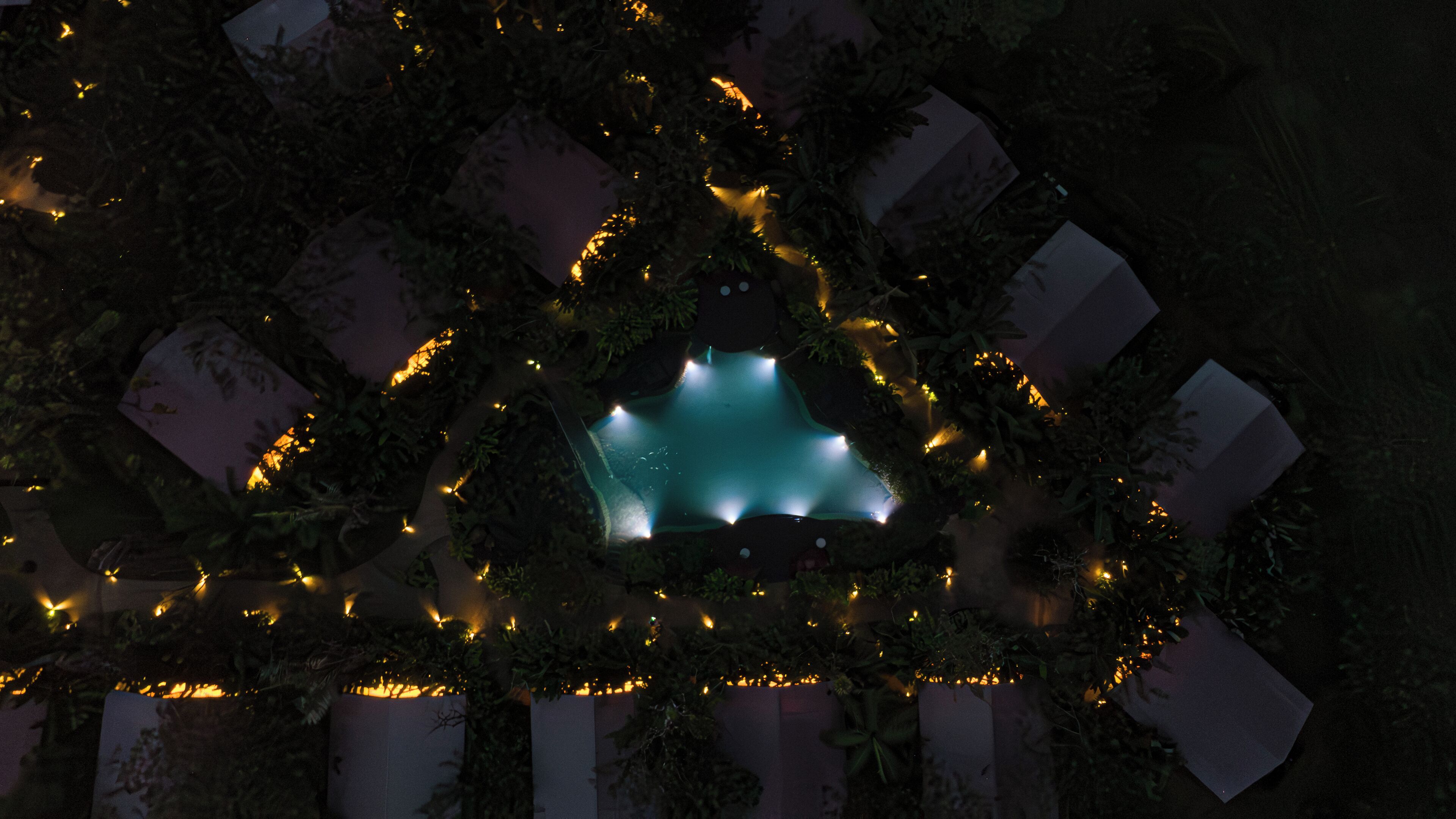 A geometric structure with illuminated edges and a central glowing area, surrounded by foliage.