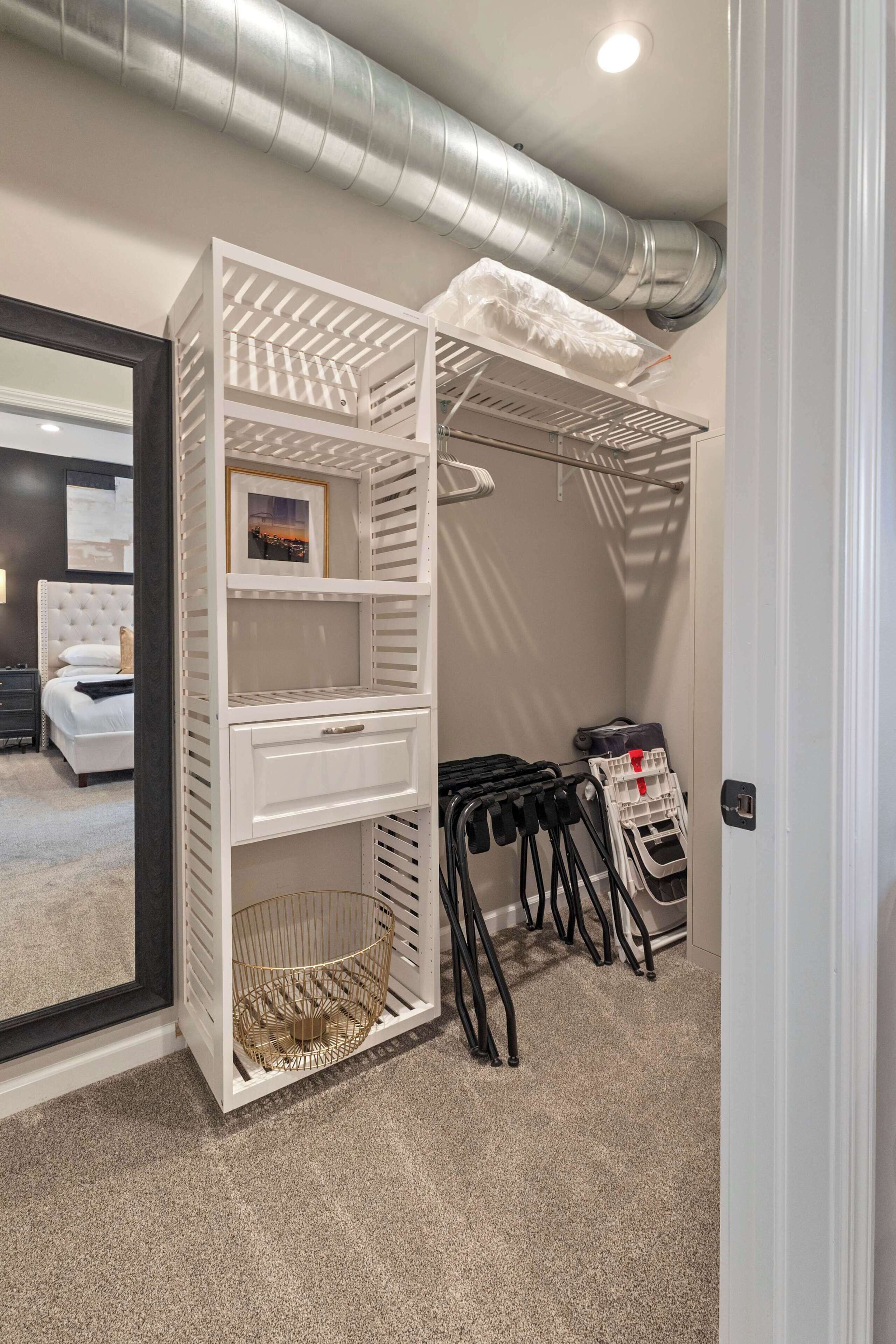 1 bedroom, desk, iron/ironing board, travel crib