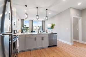 Fridge, microwave, oven, stovetop - Modern 2 BR Apt in Philly with a Glass City View (Philadelphia)