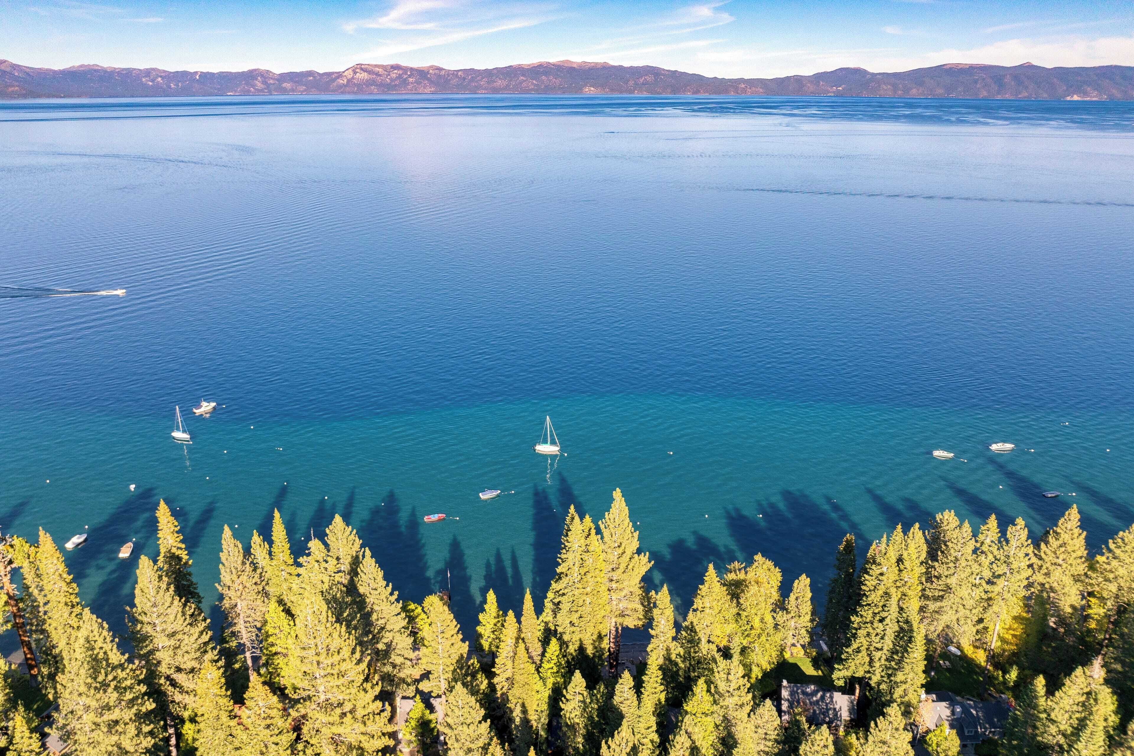 Un lago circondato da una fitta foresta e montagne sullo sfondo.
