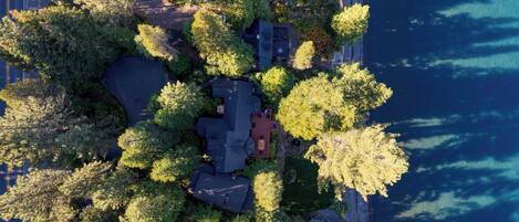 Luchtbeeld van een woongebied met huizen, omringd door dichte begroeiing en een waterpartij.