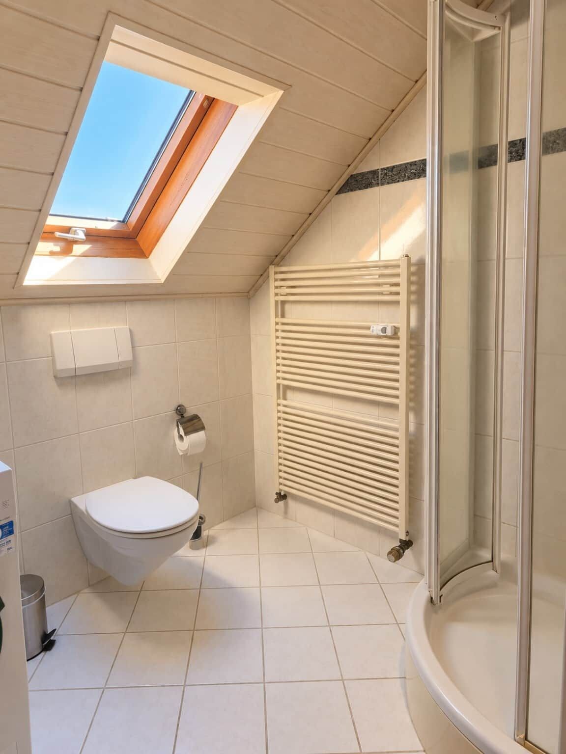 Ein Badezimmer mit Dachfenster, Toilette, Dusche und Heizkörper.