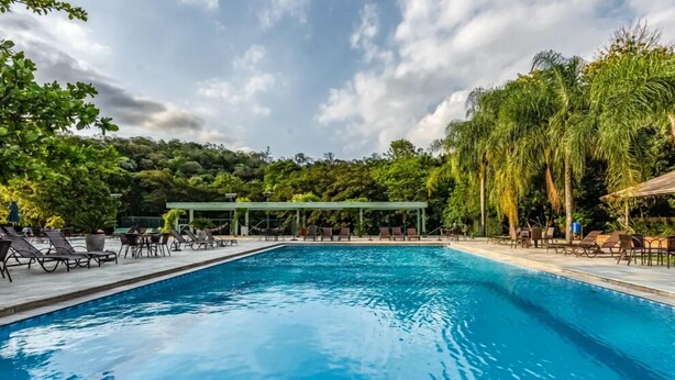 Una piscina rettangolare con lettini e una zona relax coperta, circondata da vegetazione lussureggiante e alberi.