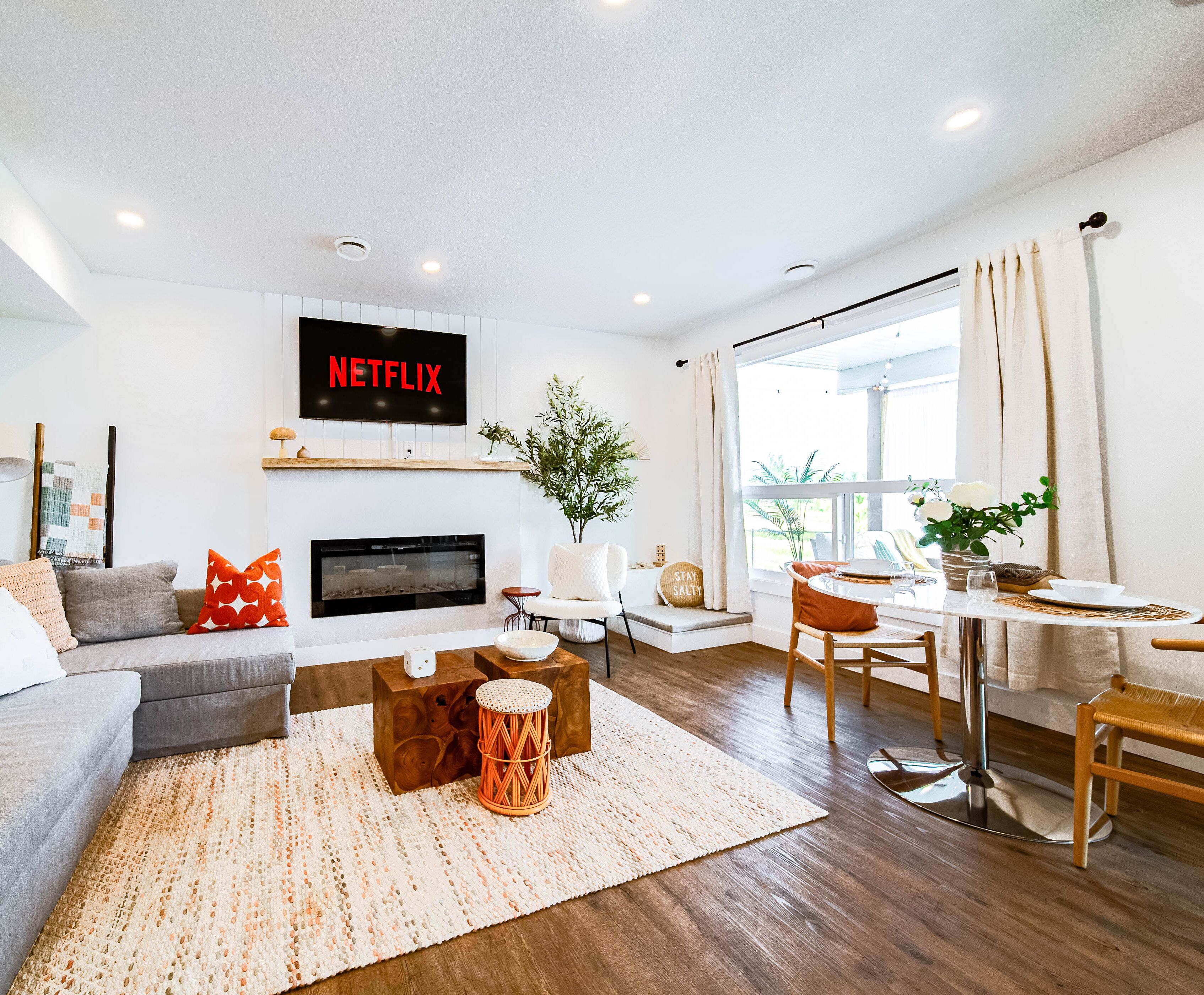Smart TV, fireplace, books
