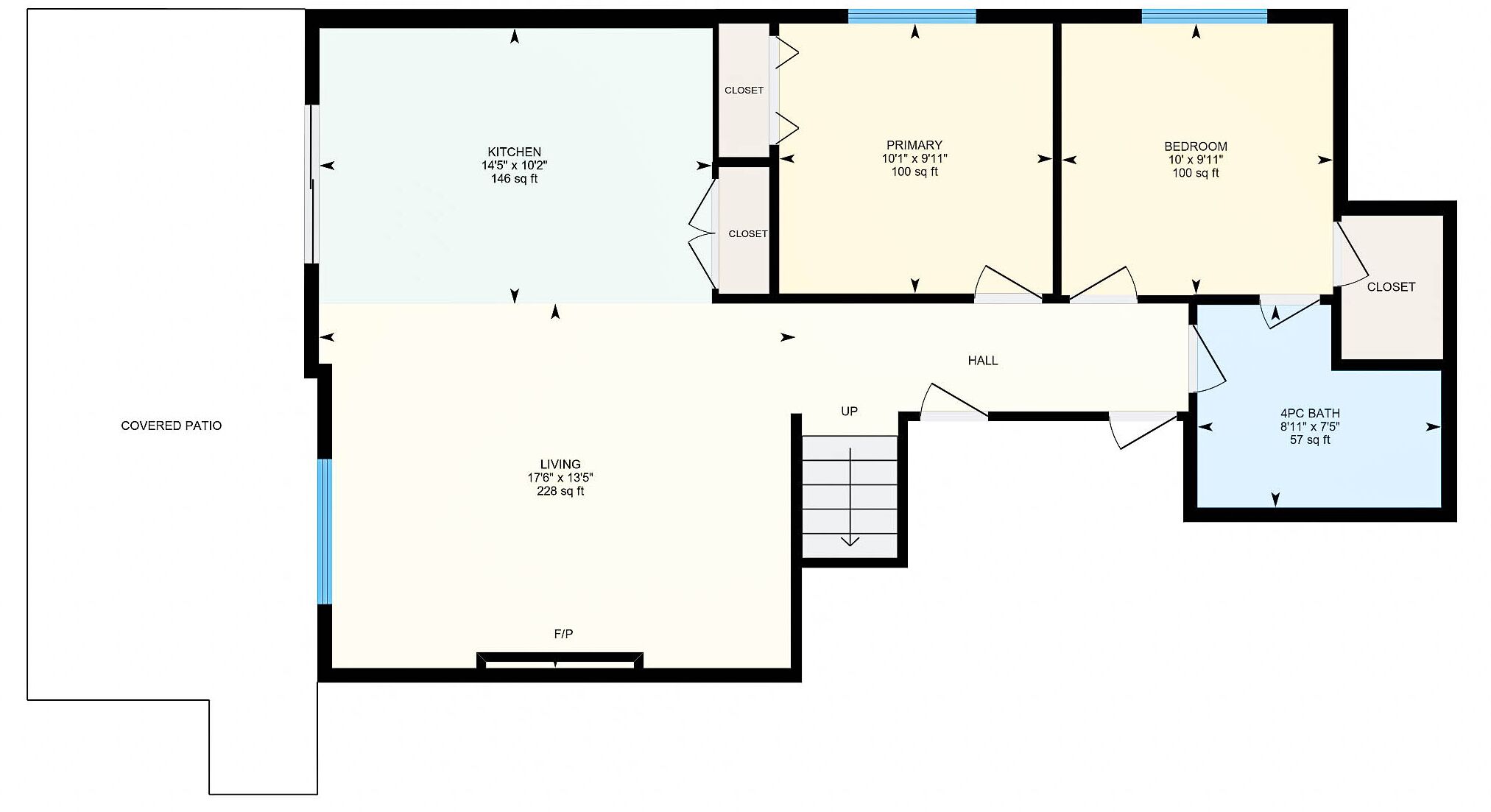 Un plan d’étage comprenant un patio couvert, une cuisine, un salon, une chambre principale et une salle de bain.