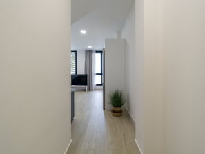 A hallway with a wooden floor, a potted plant, and a TV in the background.