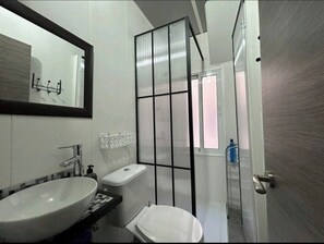 Hair dryer, towels, soap, toilet paper