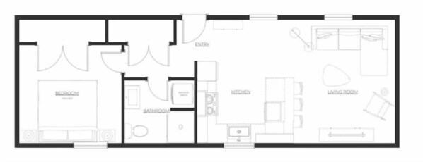 Hotellihuoneen pohjapiirros, jossa on makuuhuone, kylpyhuone, keittiö ja olohuone.