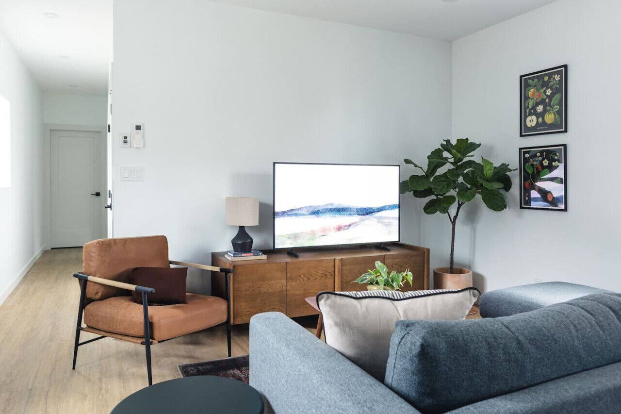 Una sala de estar moderna con un televisor de pantalla plana, un sillón de cuero marrón, un sofá gris y una planta verde grande.
