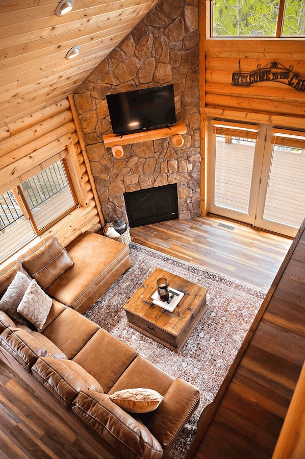 Smart TV, fireplace, books