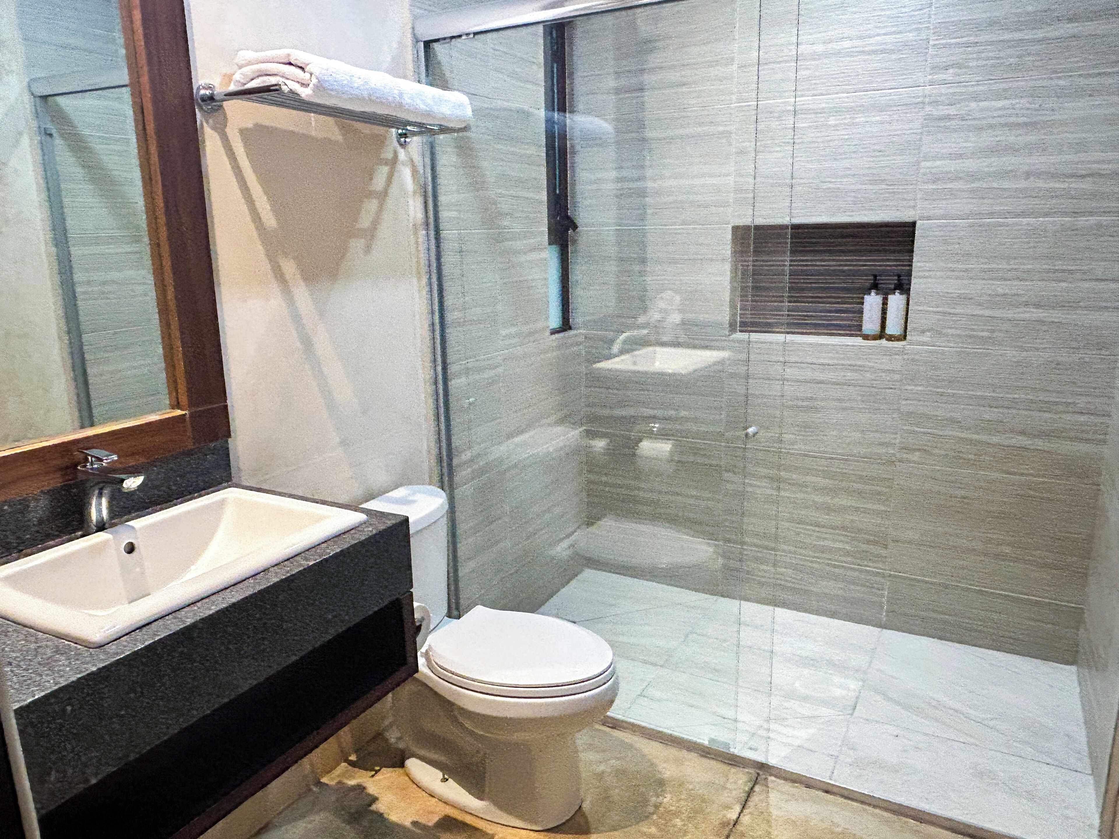 A modern bathroom with a glass-enclosed shower, a white toilet, and a sink with a dark countertop.