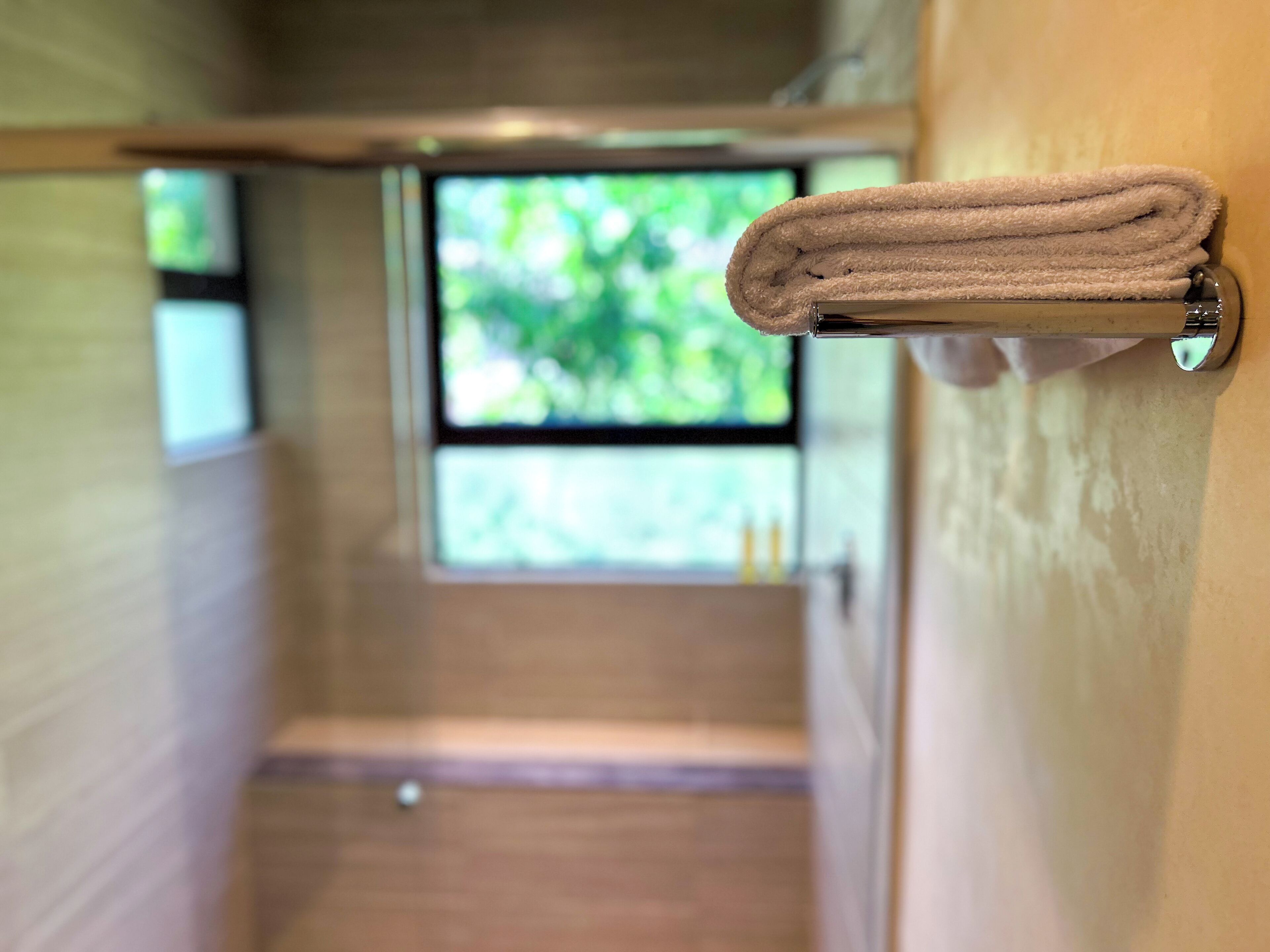 Shower, towels, shampoo, toilet paper