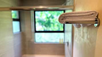 Douche, serviettes fournies, shampoing, papier toilette