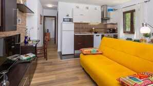 Ein kompakter Wohnbereich mit Küchenzeile, Essplatz und Sofa.