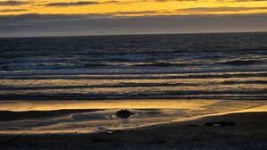 Una playa al atardecer con olas y la silueta de una persona.