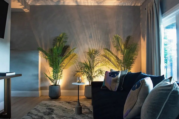 Una Smart TV, una chimenea, libros, una pantalla de ordenador