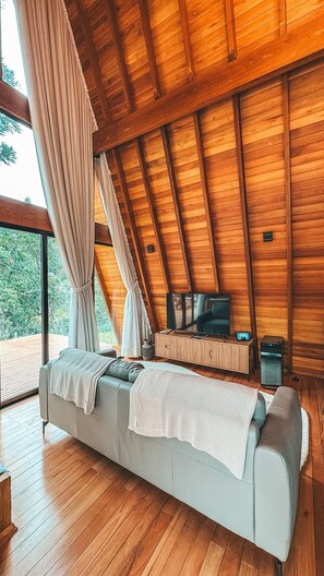 Comfort chalet | Woonruimte | Een 50-inch televisie met digitale zenders en een open haard