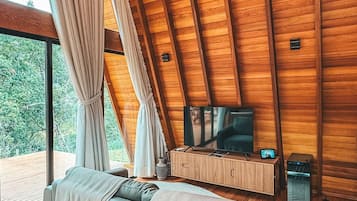 Comfort Chalet | Living area | 50-inch TV with digital channels, fireplace