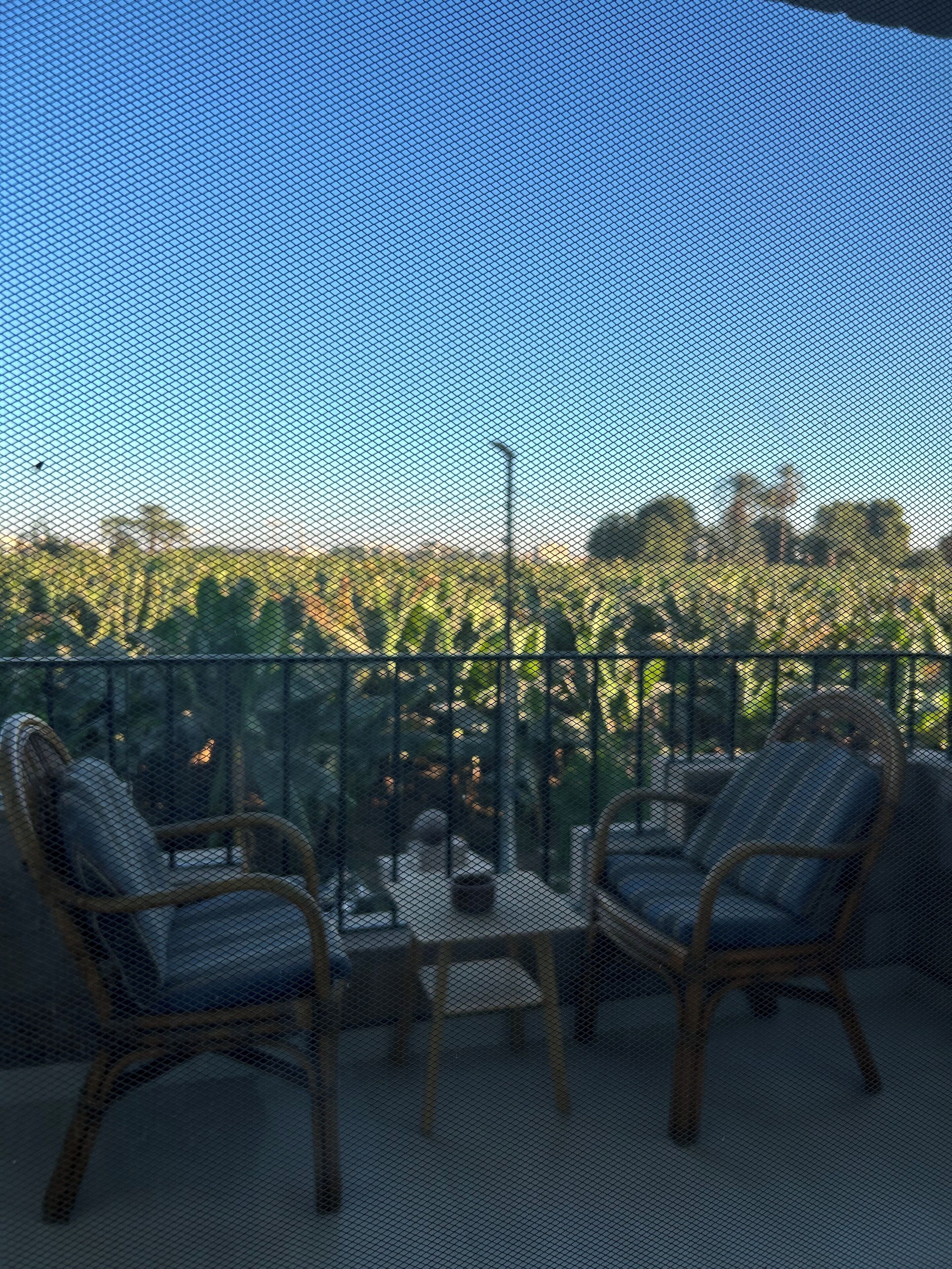 A balcony with wicker chairs and a small table, overlooking a field of crops.