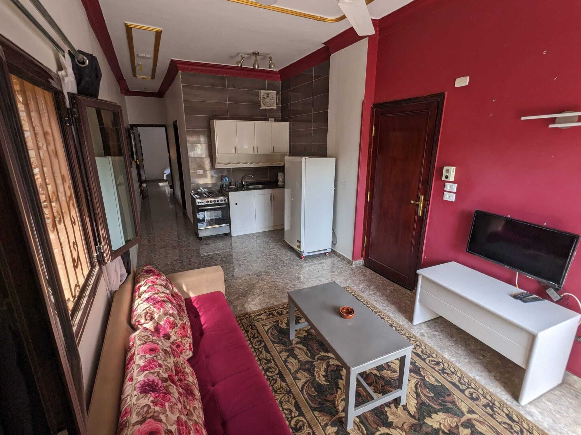 A compact living space with a sofa, a small table, a TV, a kitchen area with cabinets and appliances, and a patterned rug.