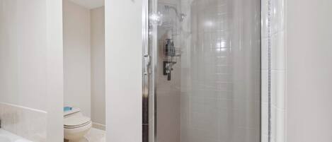 A modern bathroom with a glass-enclosed shower, a toilet, and a bathtub.