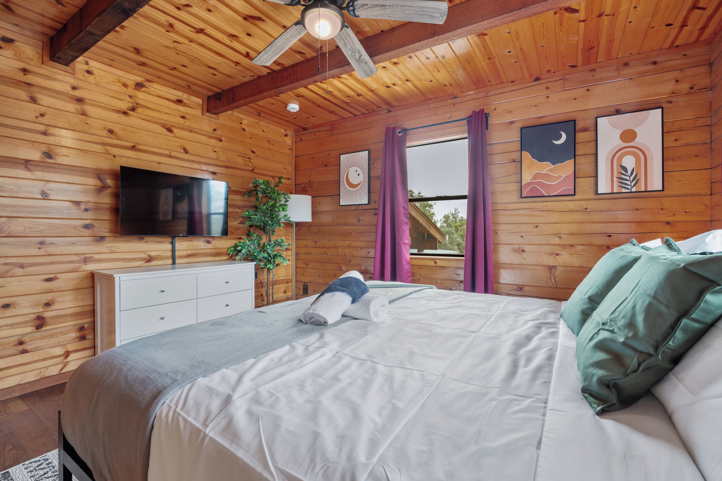 Quarto de cabana de madeira com uma cama, uma TV, uma planta e obras de arte nas paredes.