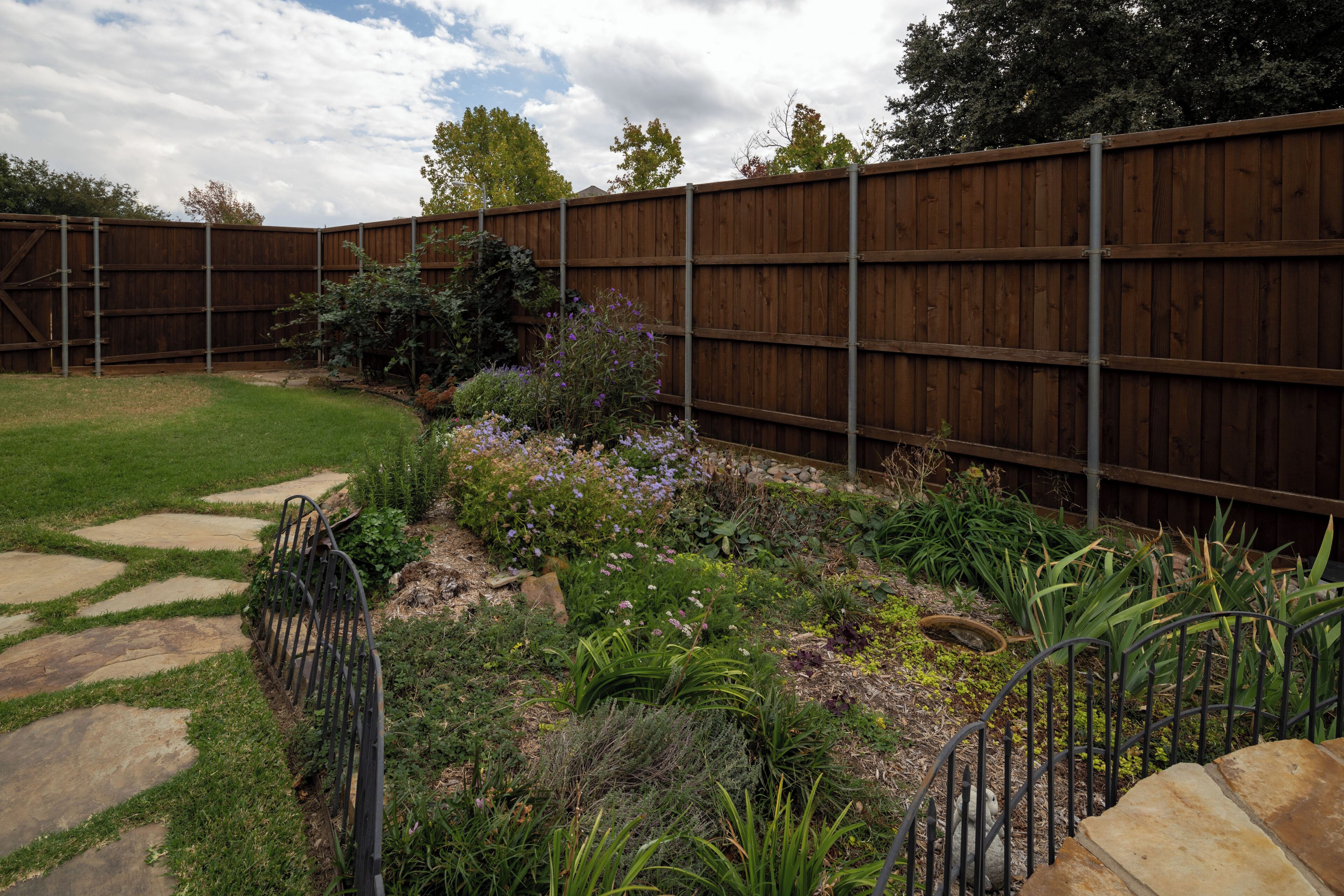 A backyard with a wooden fence, stone stepping stones, and various plants.