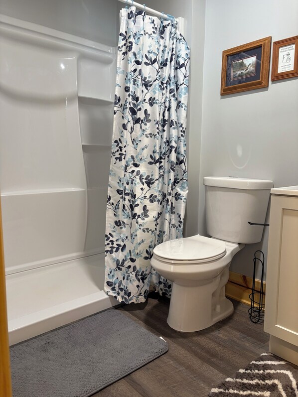 Shower, towels, soap, toilet paper