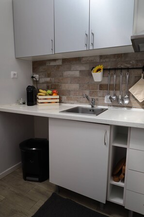 Fridge, microwave, stovetop, coffee/tea maker
