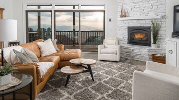 Smart TV, fireplace, books, printers