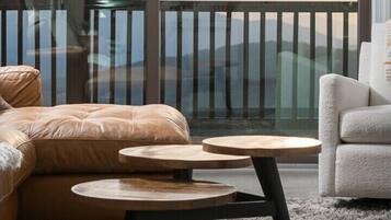 Smart TV, fireplace, books, printers