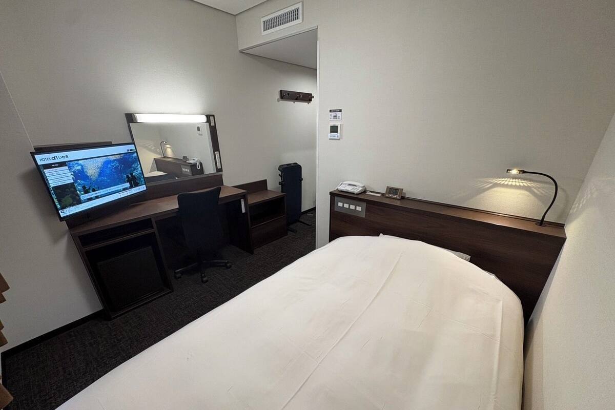 A hotel room with a bed, desk, chair, television, and a nightstand with a lamp.