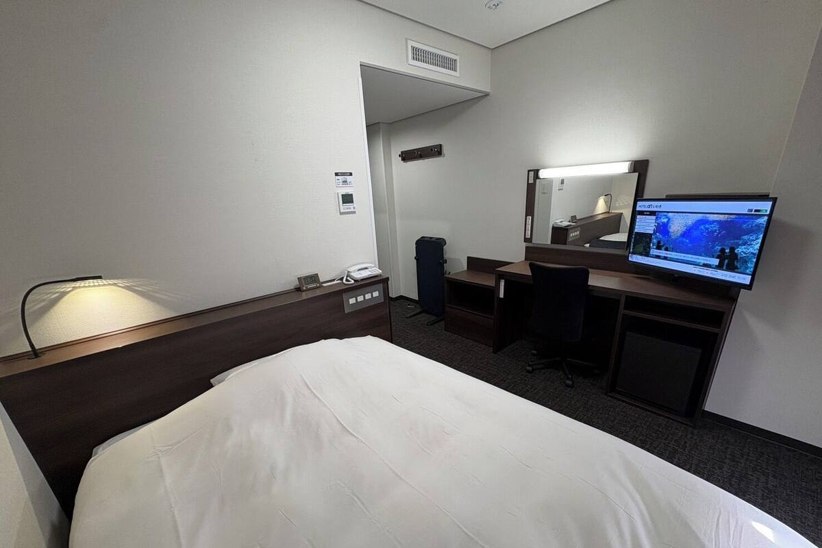 A hotel room with a bed, desk, chair, TV, and a lamp.