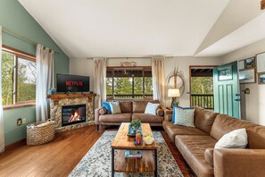 Smart TV, fireplace, books